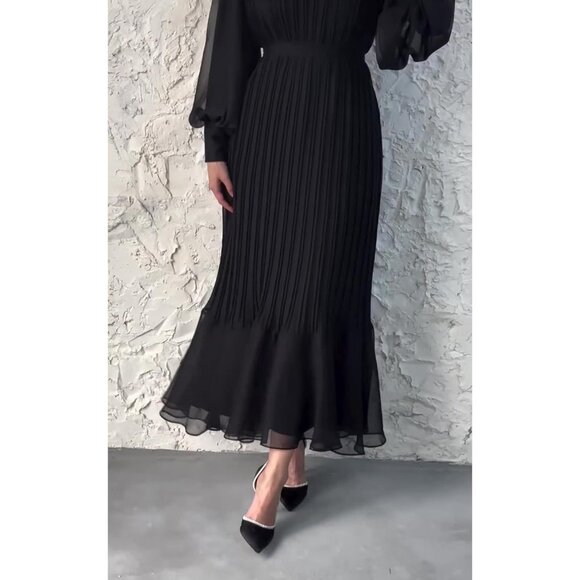 Women's Black Pleated Maxi Dress Polyester Chiffon High Waist Belted Evening - Picture 3 of 5